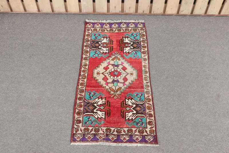 Handmade Red & Blue Rug, 1.6x3 ft Botanical Design