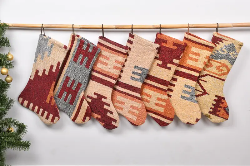 Natural Kilim Stocking Decor, 7 Inch Woven Christmas Stocking