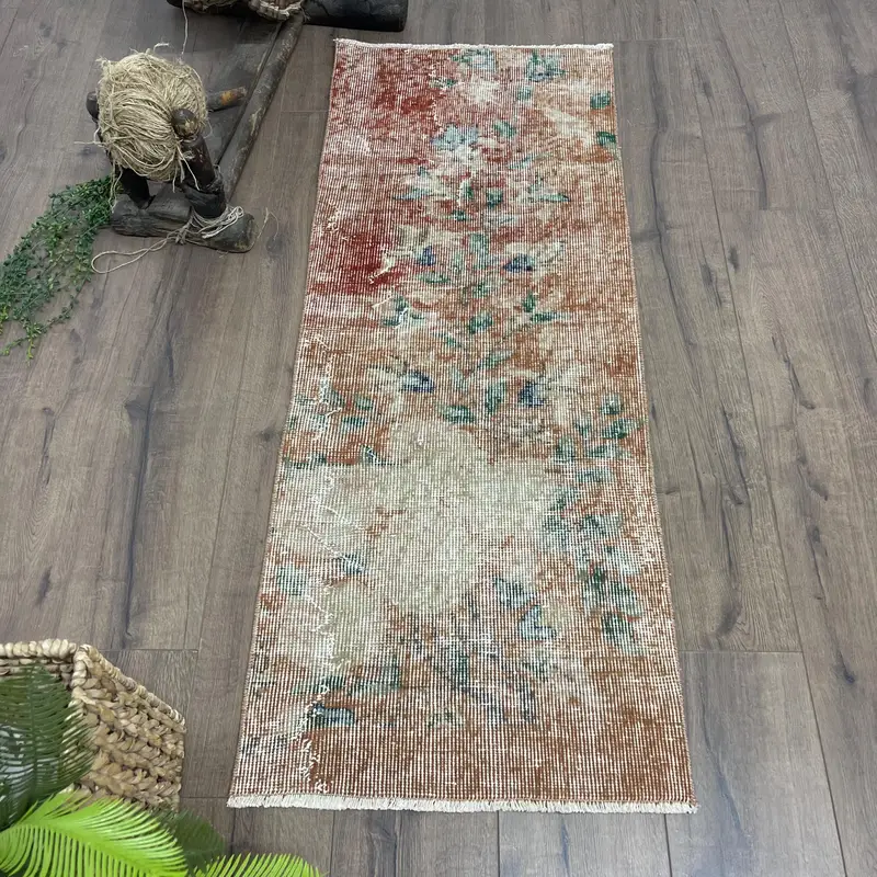 Canlı Turuncu Halı, Yeşil Vurgulu 1,8x4,5 ft