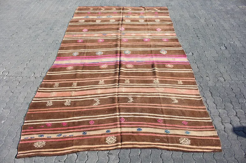 7.1x12.3 ft Vintage Kilim Rug, Turkish Rug, Brown Floral Wool Rug - 1