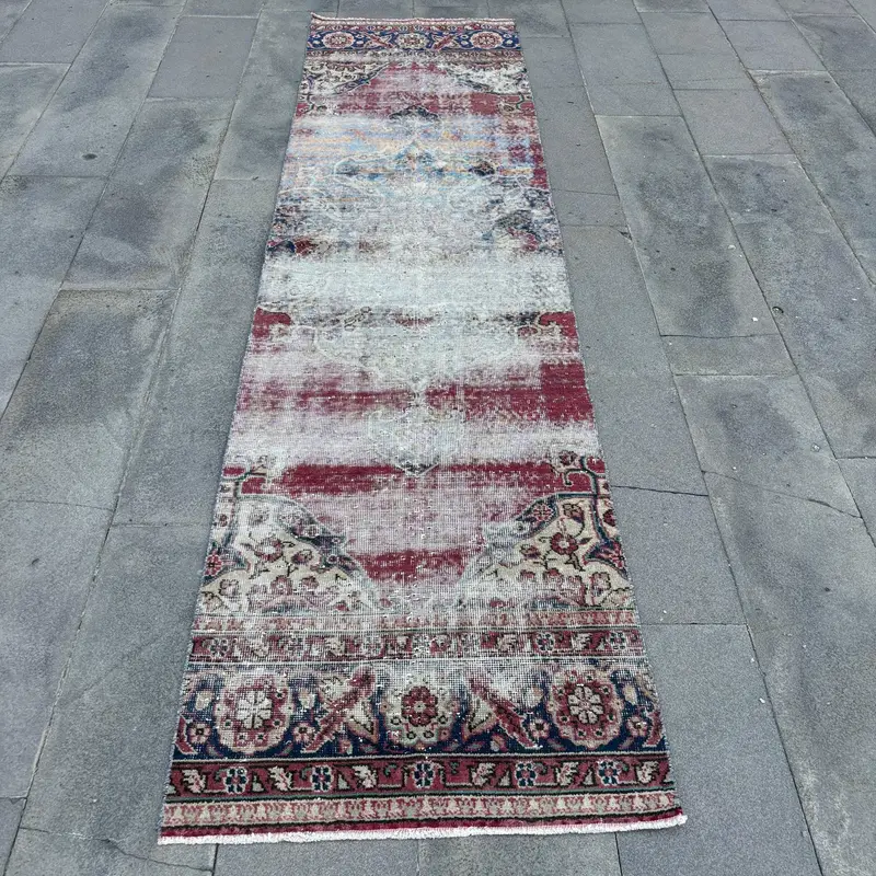 2.7x10.2 ft Turkish Vintage Rug, Runner Rug, Red Oushak Floral Rug - 1