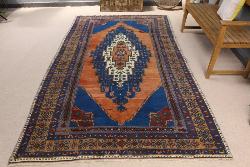 Türk Vintage Halı 5.3x9.6 ft (162x293 cm), Oushak Mavi Turuncu Düz Halı - 1