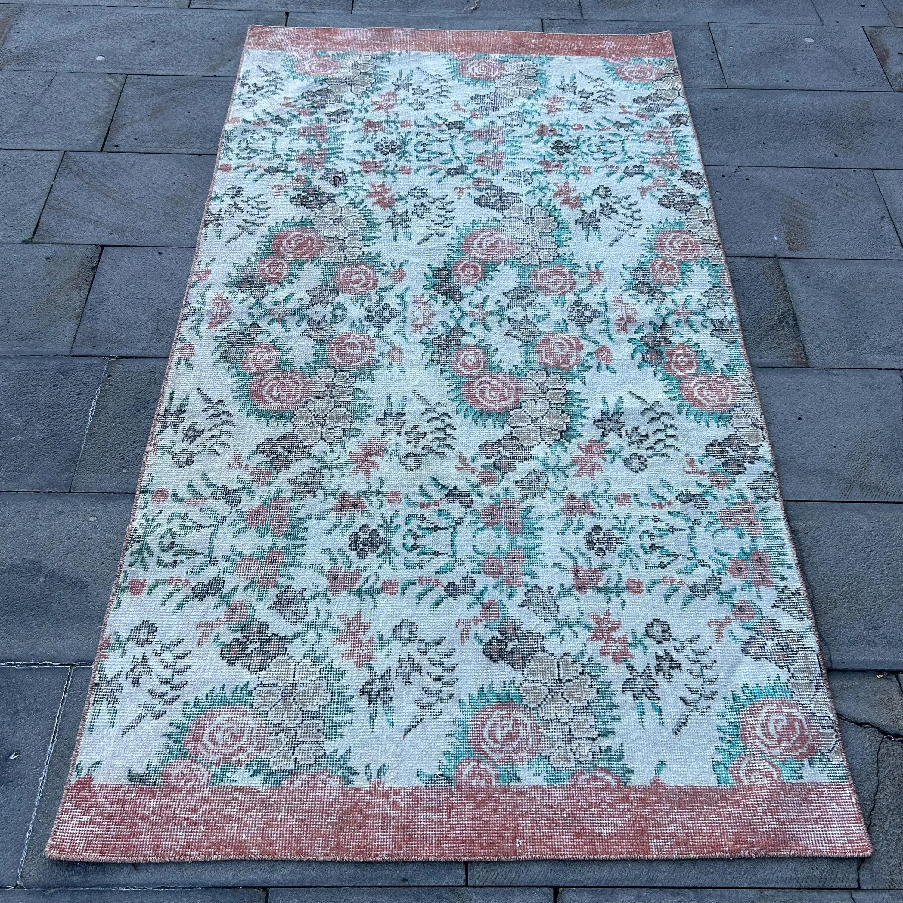 Alfombra de acento turco, alfombra vintage de 3,6x6,6 pies, alfombra de lana floral azul - 1