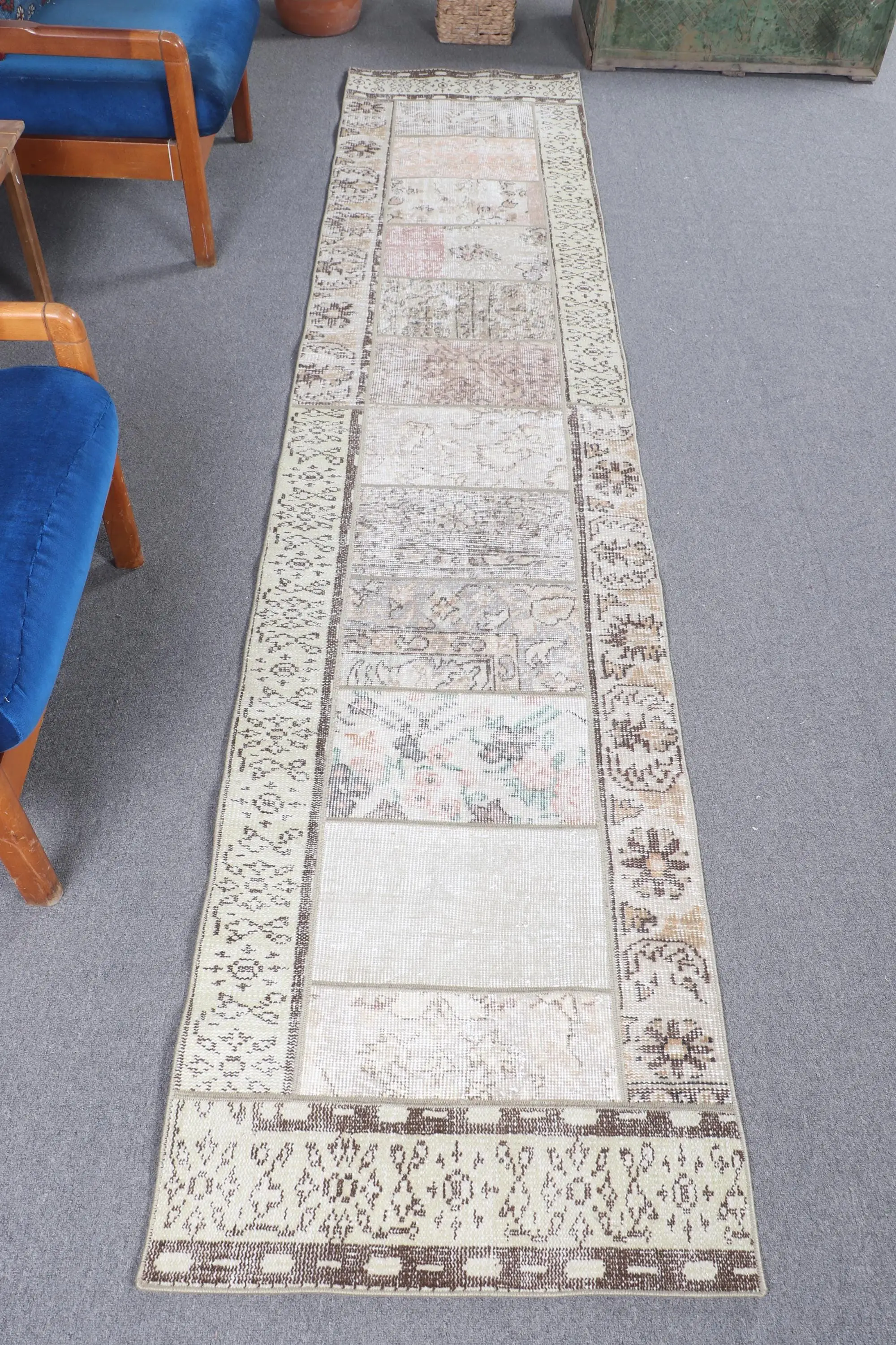 Rug, 2.3x10.6 ft Turkish Rug, White Ikat Rug Wool - 1