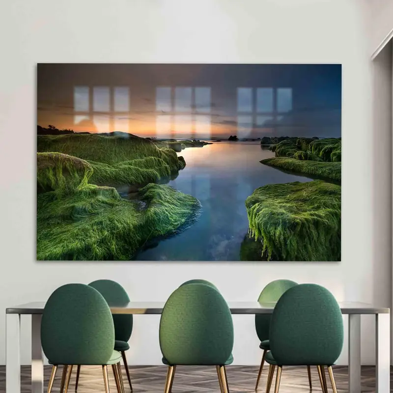 エレガントなプリントガラス：自然の夕暮れの川の風景