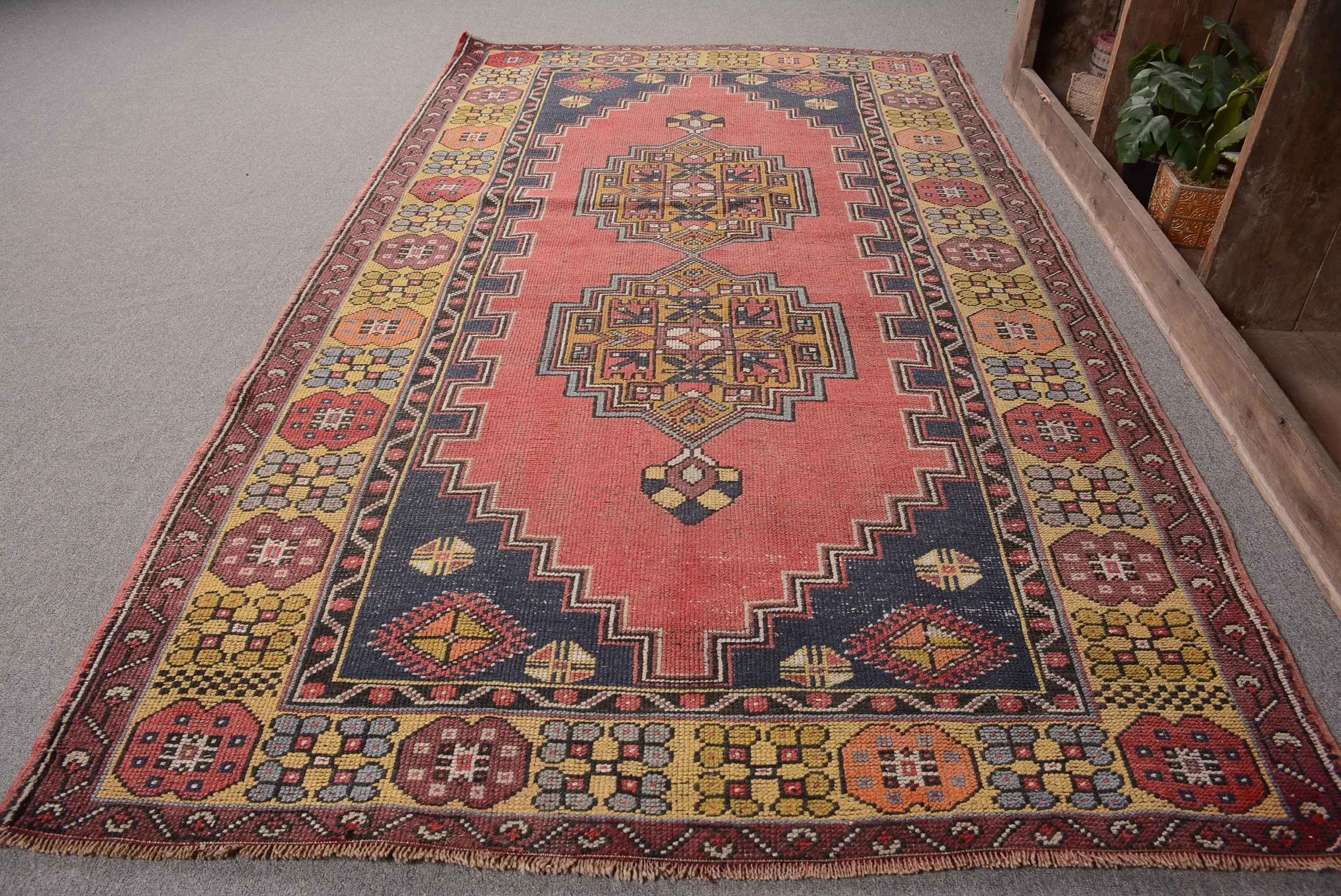 Turkish Vintage Rug, 4.1x7.5 ft Rug, Red Blue Moroccan Rug - 1