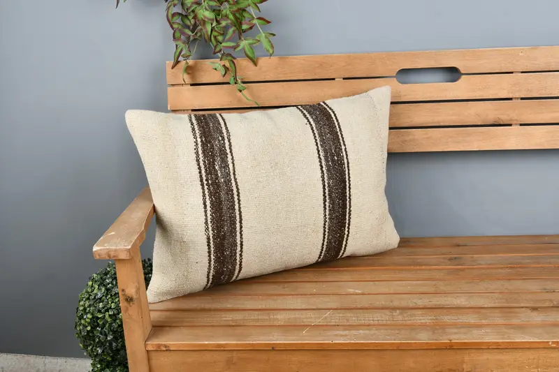 Oriental Pillow, Bolster Throw Pillow Sham, Throw Kilim Pillow, 16x24 Beige Cushion, Cushion, Pillow for Couch, Chair Pillow Sham, Kilim Pillow - 1