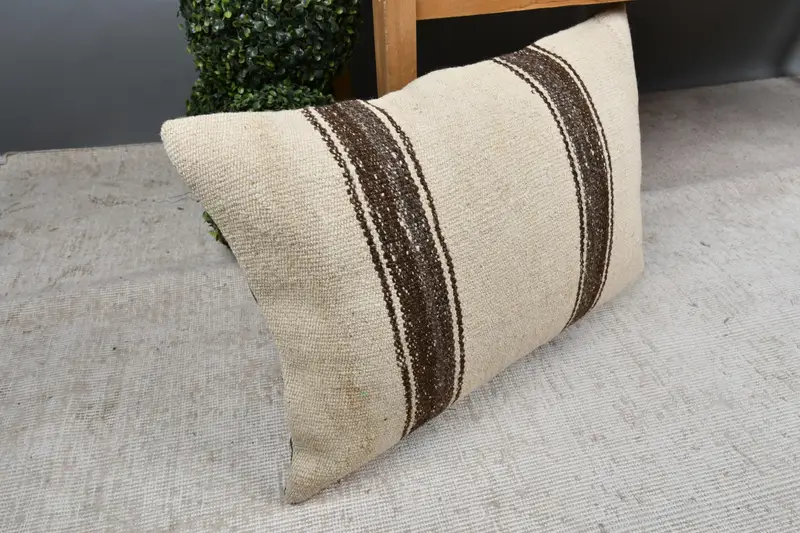 Oriental Pillow, Bolster Throw Pillow Sham, Throw Kilim Pillow, 16x24 Beige Cushion, Cushion, Pillow for Couch, Chair Pillow Sham, Kilim Pillow - 7