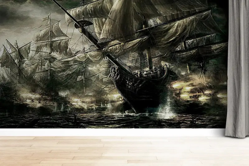 海岸の雰囲気を演出するエレガントな海賊船の海景プリント壁紙