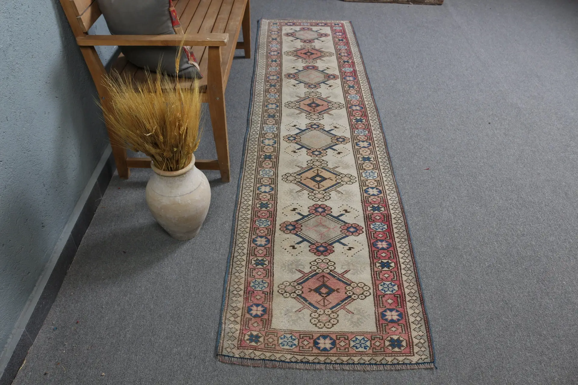 Vintage Turkish Rug 2.2x8.9 ft (67x270 cm), Red Floral Rug - 1