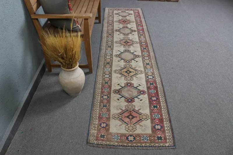 エレガントなベージュ&ピンクラグ、2.2x8.9フィート花柄&幾何学模様