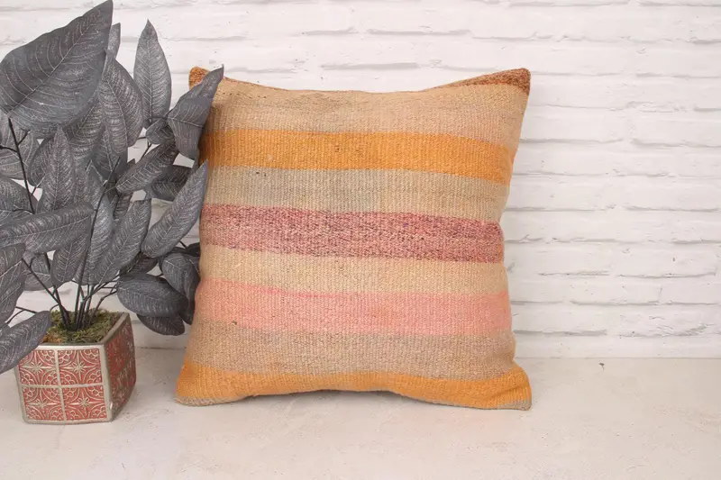 Pillow for Couch, Cushion Cover, Vintage Kilim Throw Pillow, Throw Kilim Pillow, 20x20 Orange Pillow Case, Nautical Throw Cushion Case - 1