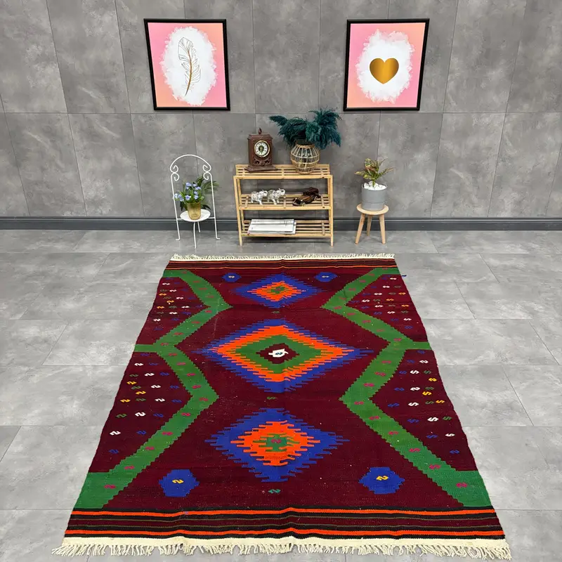 Vintage Rug, Area 4.7x6.9 ft Rug, Kilim Red Plants & trees Rug - 1