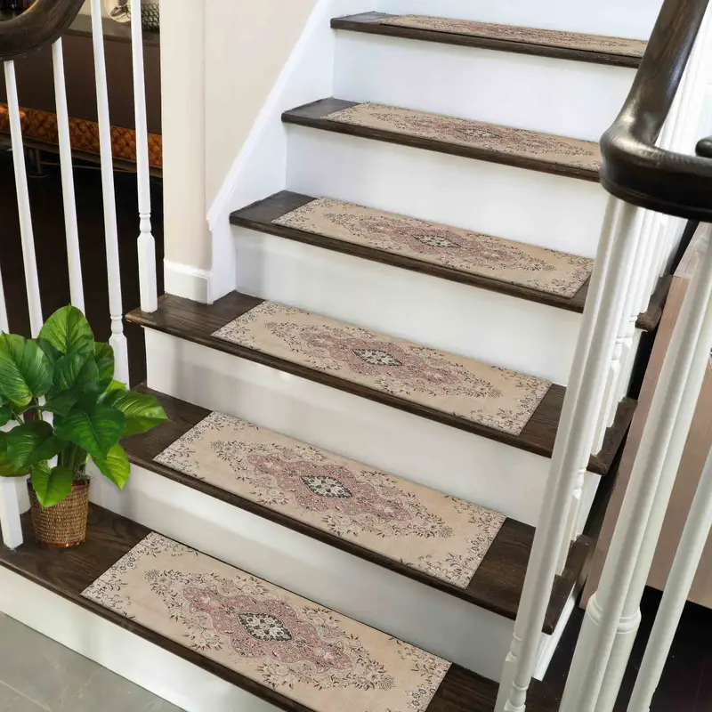 Beige Medallion Stair Rug, Soft Tones, Printed Rug for Modern Homes