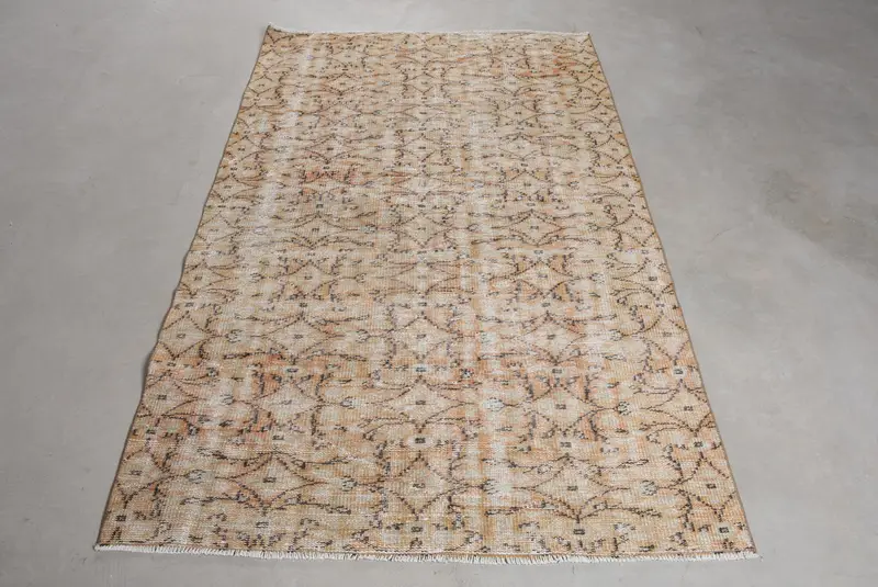 Turkish Vintage Rug 4.3x6.8 ft (130x208 cm), Oushak Brown Wool Rug - 1