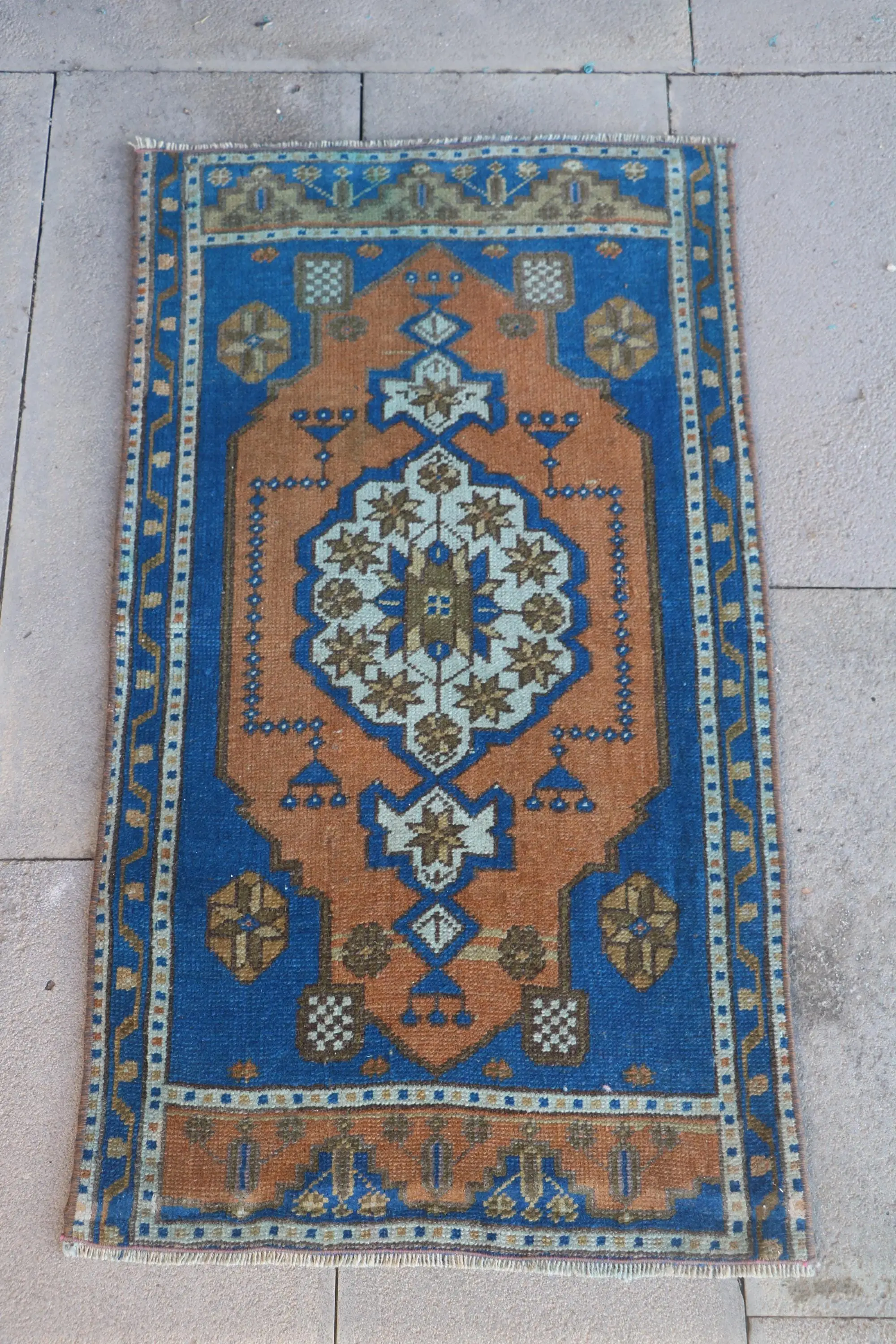 1.8x3.3 ft Rug, Vintage Rug, Turkish Blue Wool Abstract Rug - 1