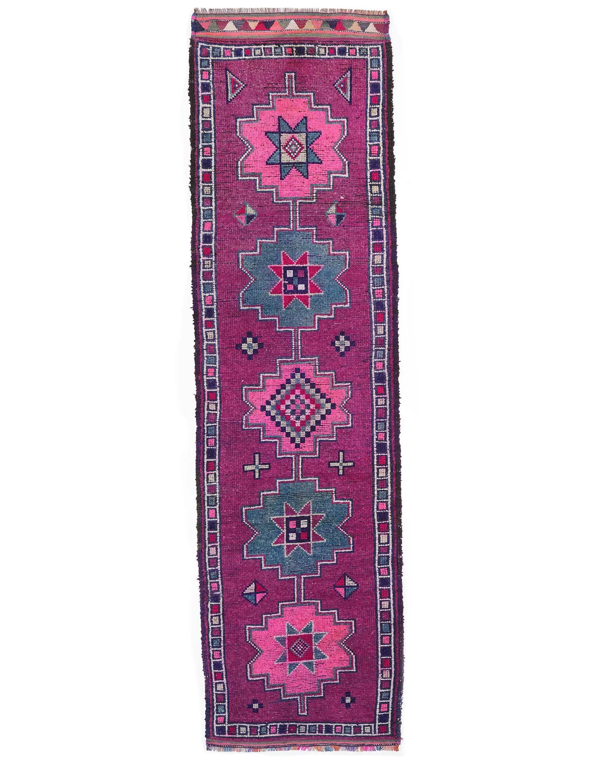 Vintage Herki Rug 3x10.9 ft, Red Blue Wool Turkish Rug - 1
