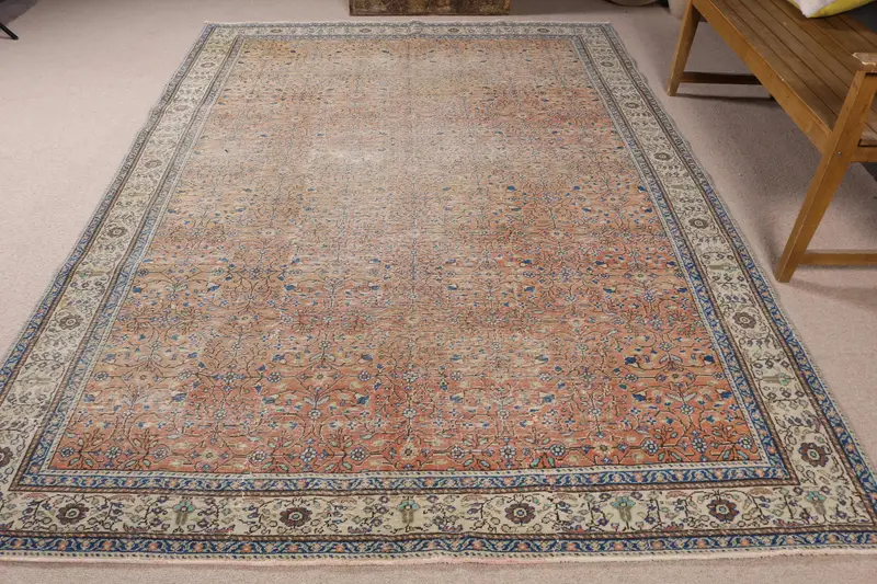 Vintage Halı, Büyük 6.4x9.4 ft Halı, Oushak Kahverengi Bitkiler ve ağaçlar Halı - 1