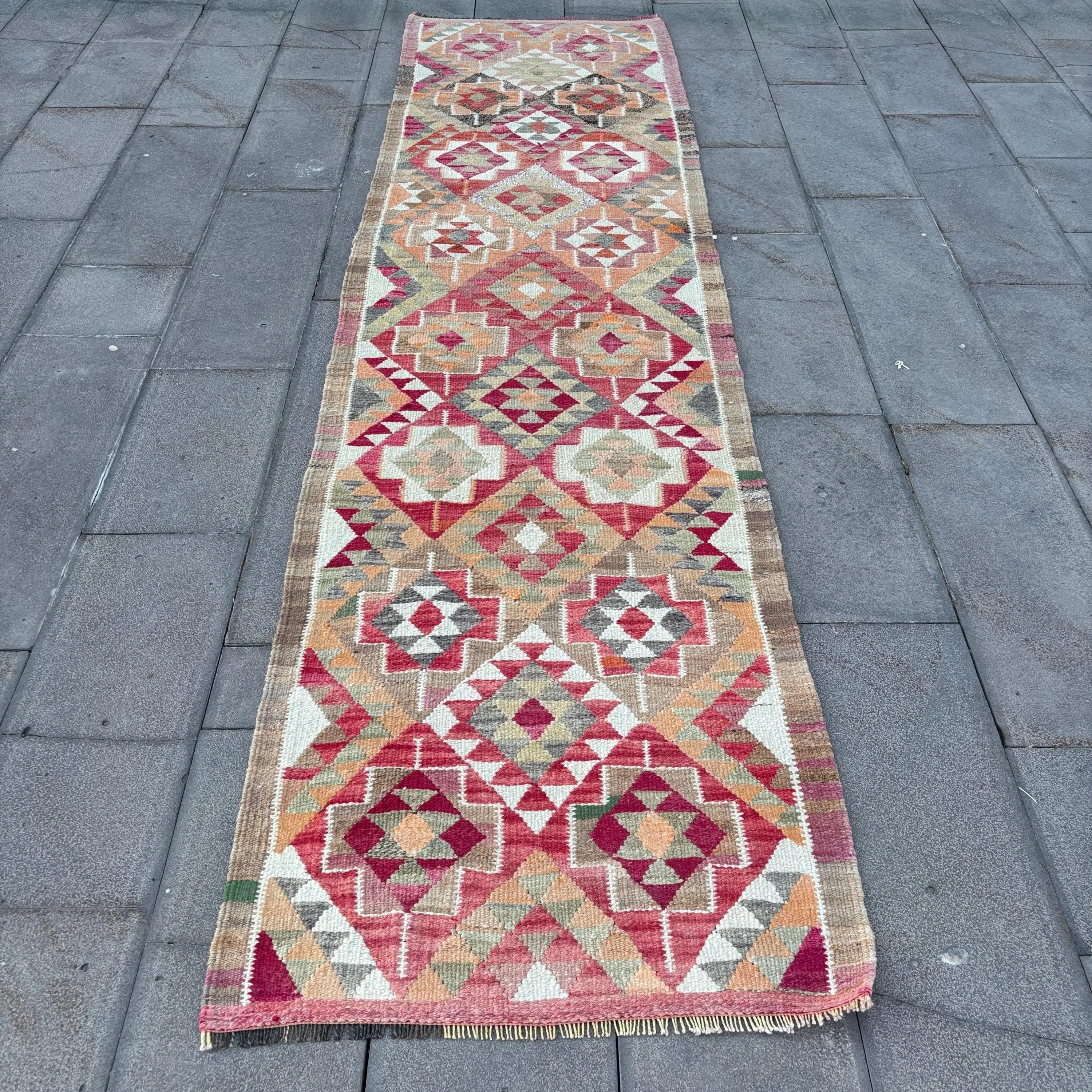 Vintage Rug 2.8x11 ft, Red Gray Plants & trees Wool Turkish Rug - 1