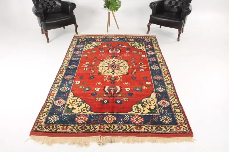 5.6x8.6 ft Halı, Vintage Türk Halısı, Kırmızı Oushak Yün Halı - 1