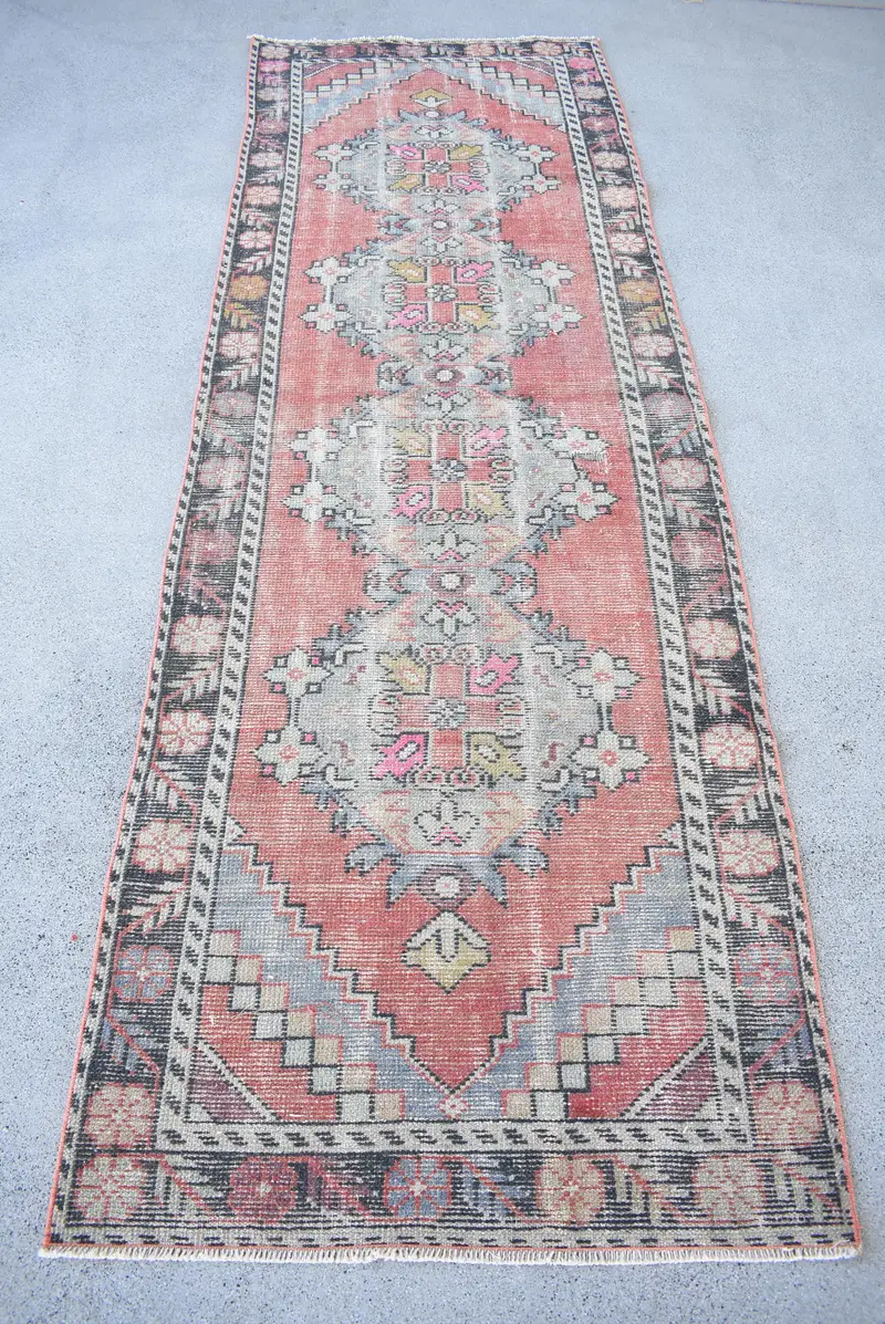 3x9.1 ft Türk Halısı, Vintage Runner Halısı, Kırmızı Gri Ombré Halısı - 1
