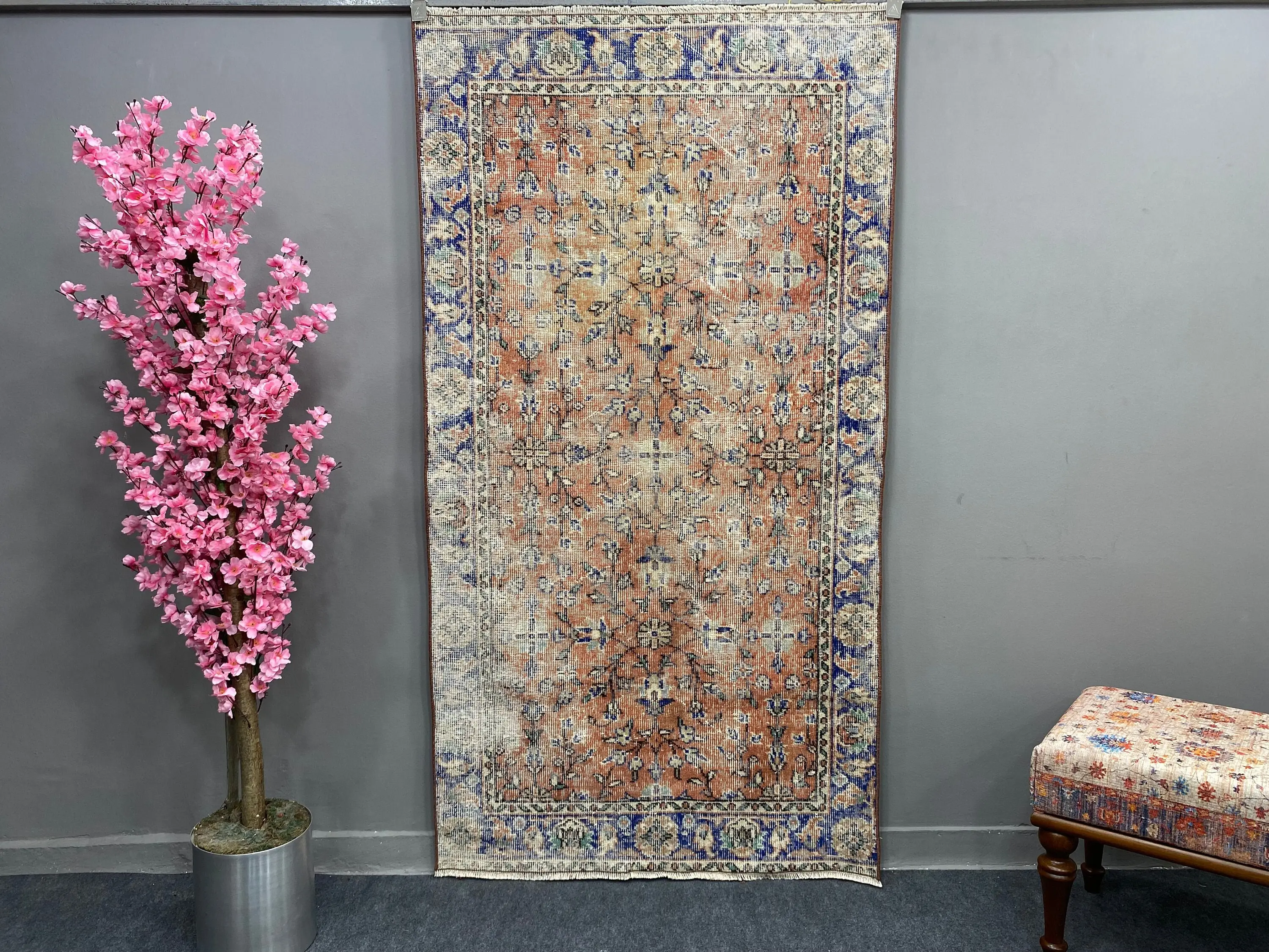 3.4x6.4 ft Accent Türk Vintage Halısı, Mavi Oryantal Yün Halı - 1