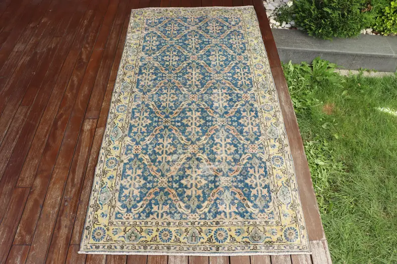 Handmade Blue Rug, 2.9x7 ft with Orange Border