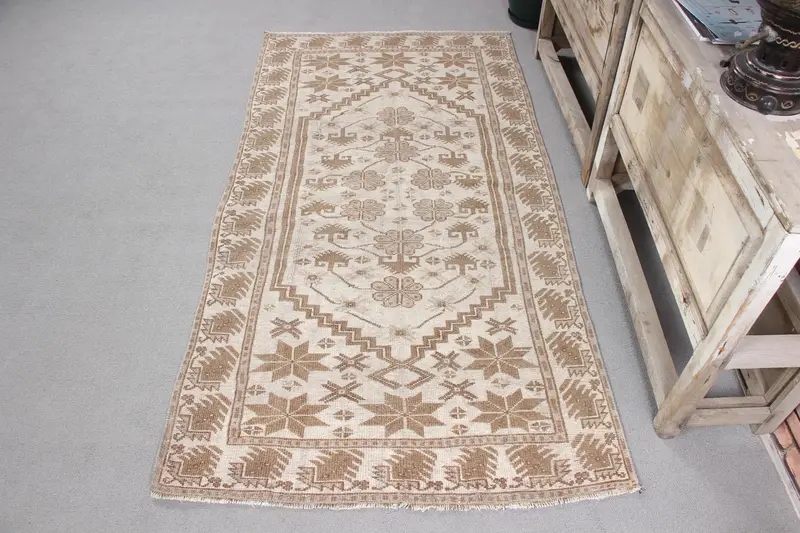 Handmade Beige Rug, 0.3x6.2 ft Oriental Design
