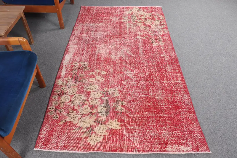 Turkish Vintage Area Rug 3.8x6.7 ft, Oushak Red Wool Rug - 1