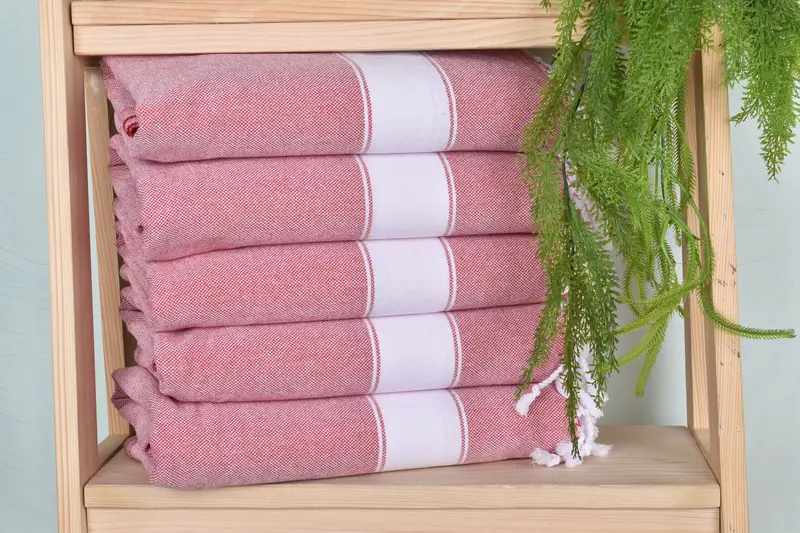 Red Cotton Towel Striped, Beige, 36x71 Inches