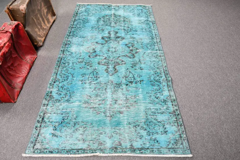 Vintage Türk Halısı 3,7x7,4 ft, Mavi Oushak Kareli Halı - 1