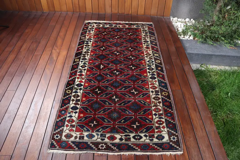 Vintage Türk Vurgulu Halı 3.2x6 ft, Kırmızı Mavi Bordürlü Yün Halı - 1