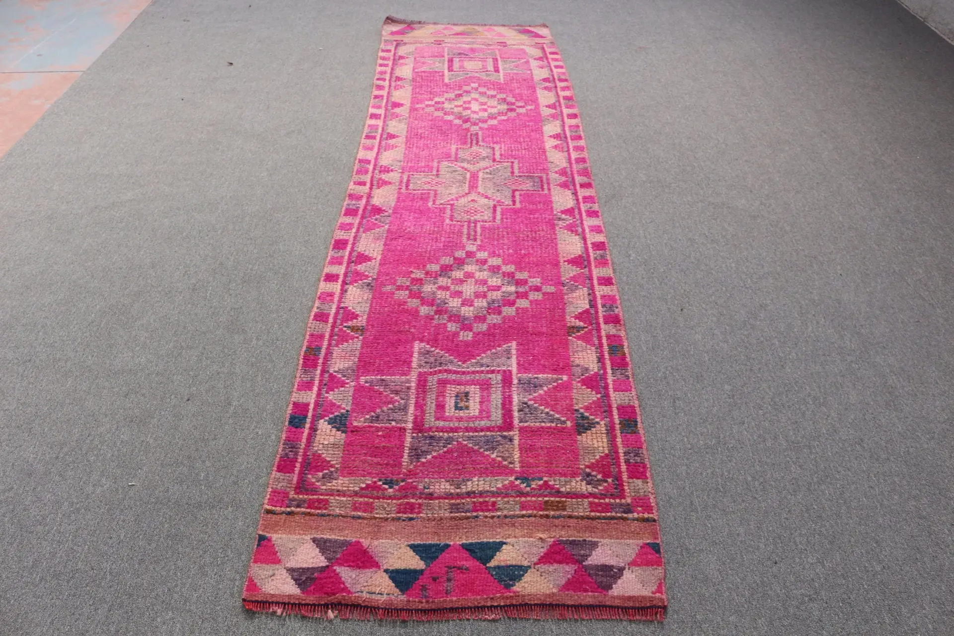 Turkish Vintage Herki Rug 2.6x9.7 ft, Pink Runner Ombré Wool Rug - 1