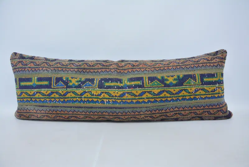 Besticktes blaues und orangefarbenes Wurfkissen, 16x48 handgefertigtes Hanfkissen