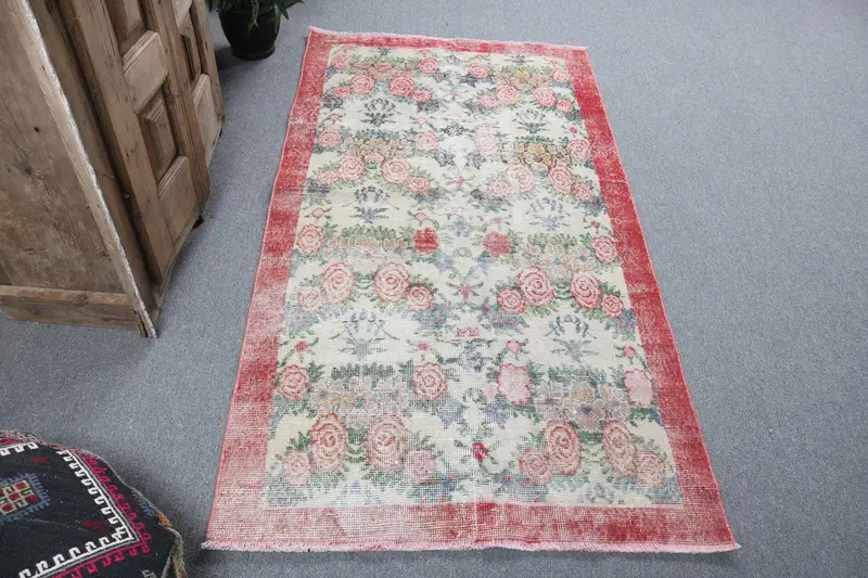 Vintage Turkish Rug, 3.3x6.3 ft Oushak Rug, Red Floral Wool Rug - 1