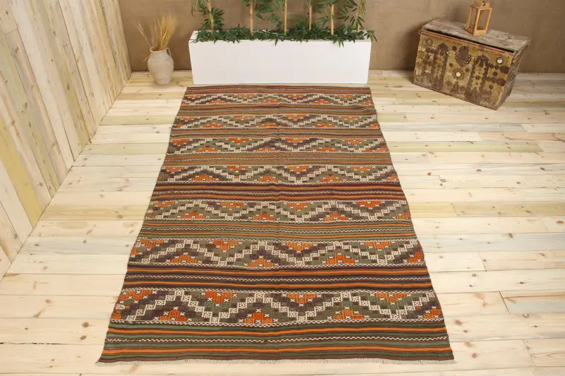 Handmade Green Rug, 4.3x9 ft with Orange Accents