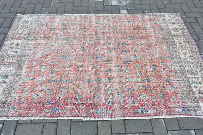 Vintage türkischer Teppich 6,7x4,2 ft (205x129 cm), Oushak Rot-Blau-Teppich - 1