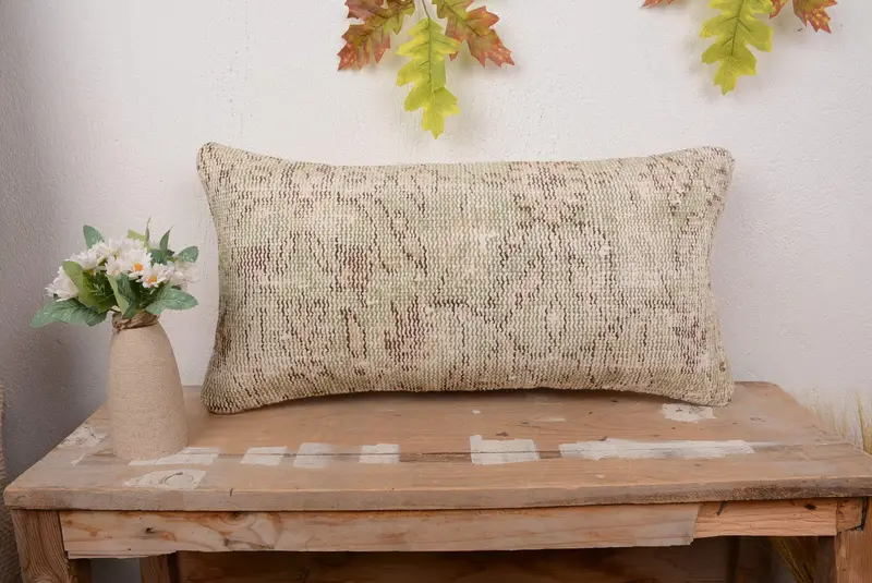 Beige & Brown Floral Embroidered Pillow, Vintage Rectangular Throw Pillow