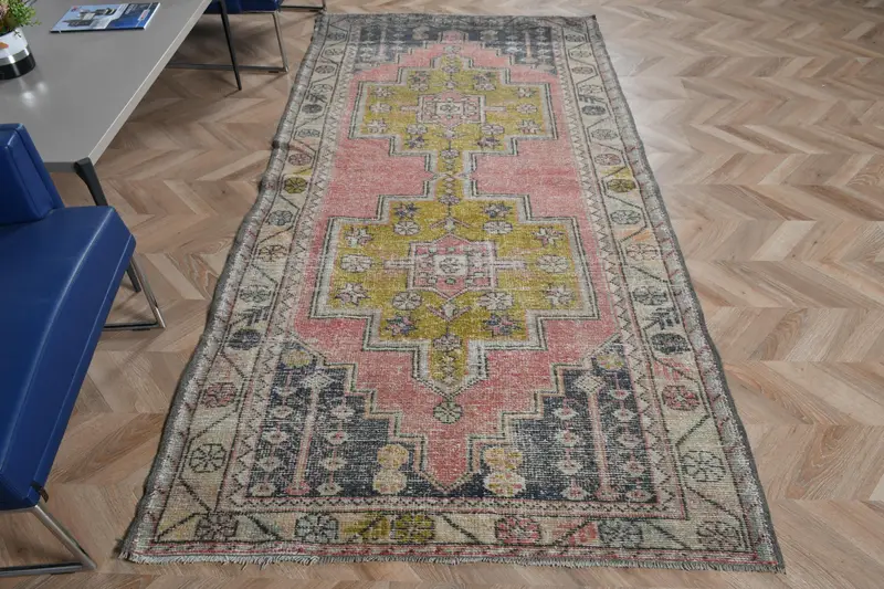 レッド&グリーンラグ、4.3x8.9フィートの幾何学模様の花柄デザイン