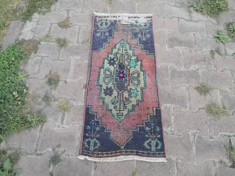 Mavi ve Yeşil El Yapımı Dikdörtgen Halı, Küçük Kilimler ve Paspaslar