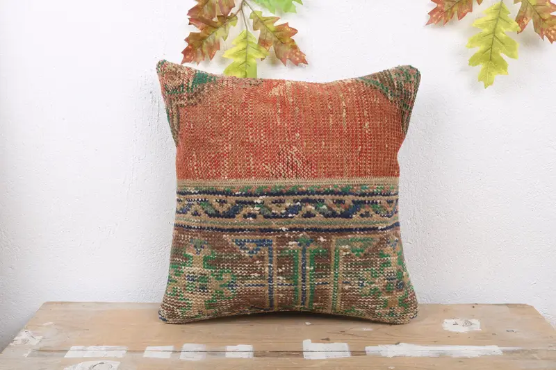 Rot-braunes Patchwork-Wurfkissen, 16x16 besticktes Vintage-Kissen