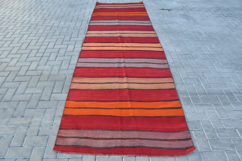 Alfombra de 3,7x11,7 pies, alfombra turca vintage, alfombra de lana de cuadros naranja rojo - 1