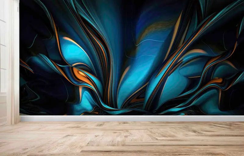 Modern İç Mekanlar İçin Zarif Mavi ve Turuncu Baskılı Duvar Kağıdı