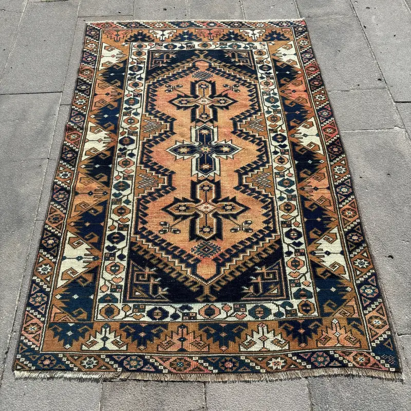 Turkish Oushak Rug 3.9x5.8 ft (118x177 cm), Brown Patchwork Vintage Rug - 1