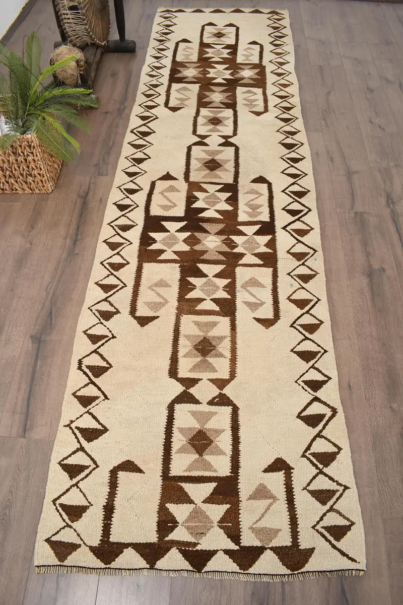Turkish Vintage Kilim Rug 2.9x10.8 ft, Brown Runner Wool Rug - 1