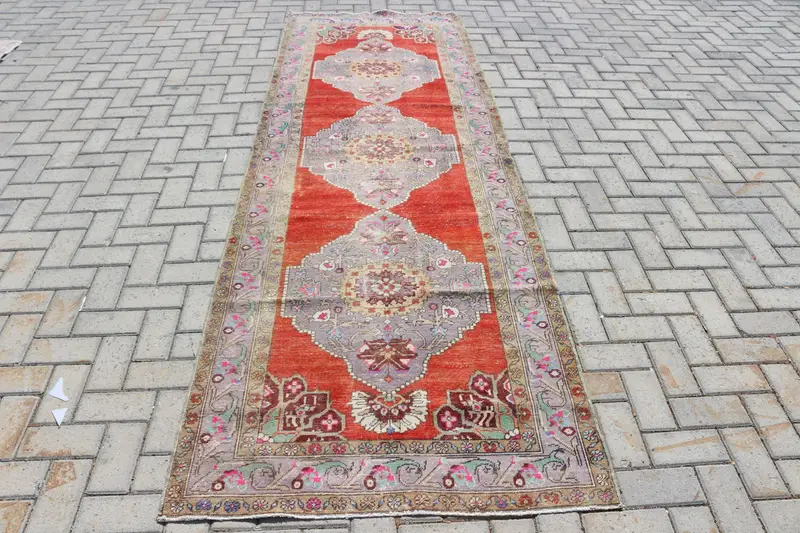 Vintage Türk Yolluk Halısı 3.4x10.4 ft, Kırmızı Gri İkat Halı - 1