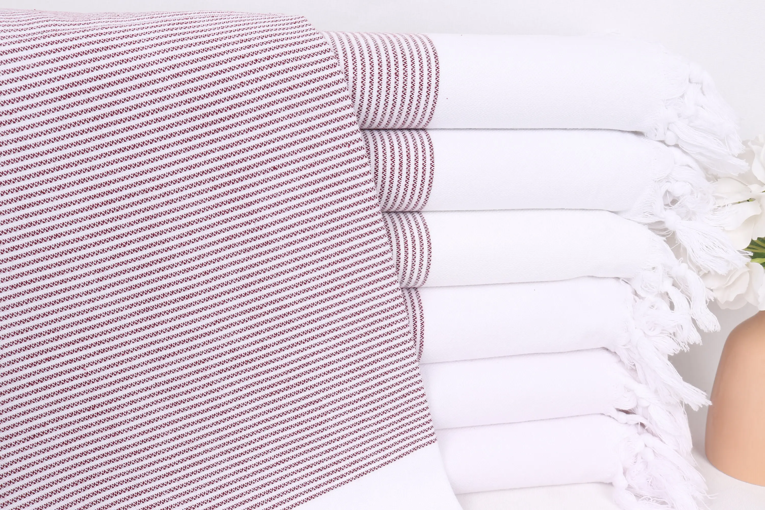 Turkish Beach Towel Burgundy Cotton Striped, 40x71 Inches - 1