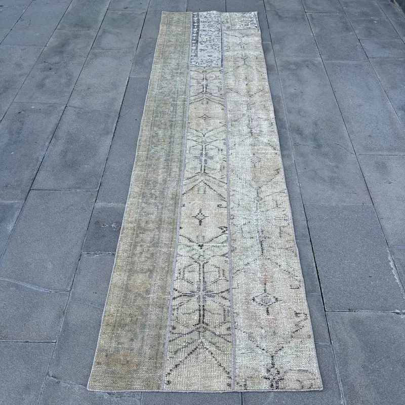 2,3x9 ft Vintage Oushak Teppich, türkischer Teppich, grau gepunkteter Wollteppich - 1