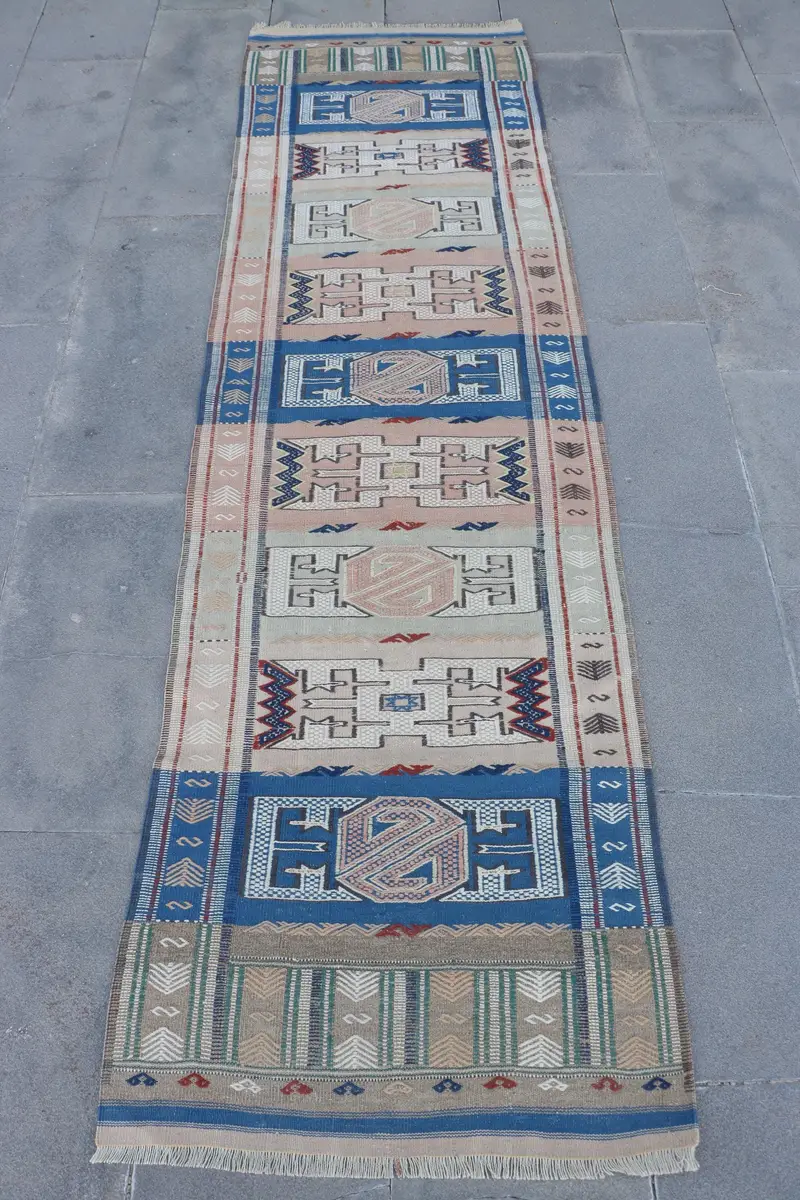 Pink Abstract Rug, 2.3x8.2 ft with Blue Accents