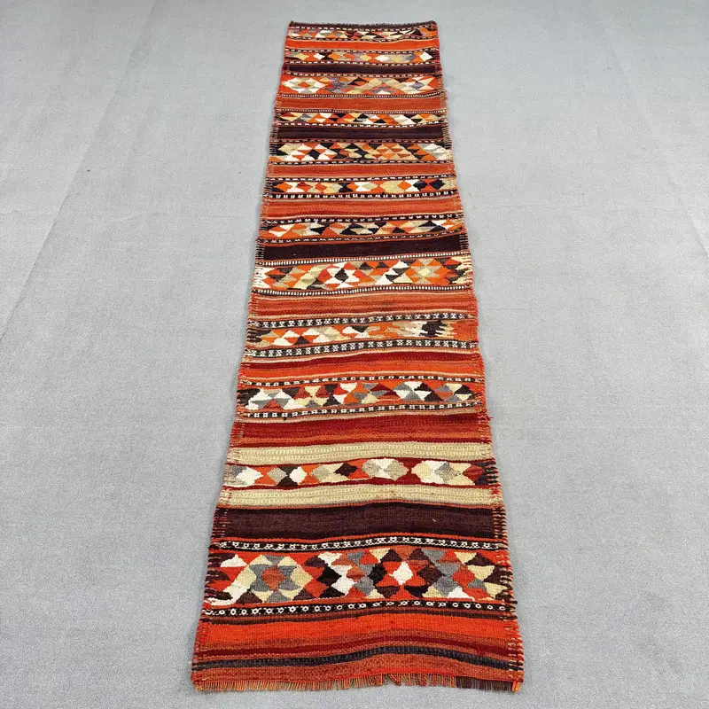 Vintage Runner Rug, 2.6x10.7 ft Turkish Rug, Red Polka dot Wool Rug - 1